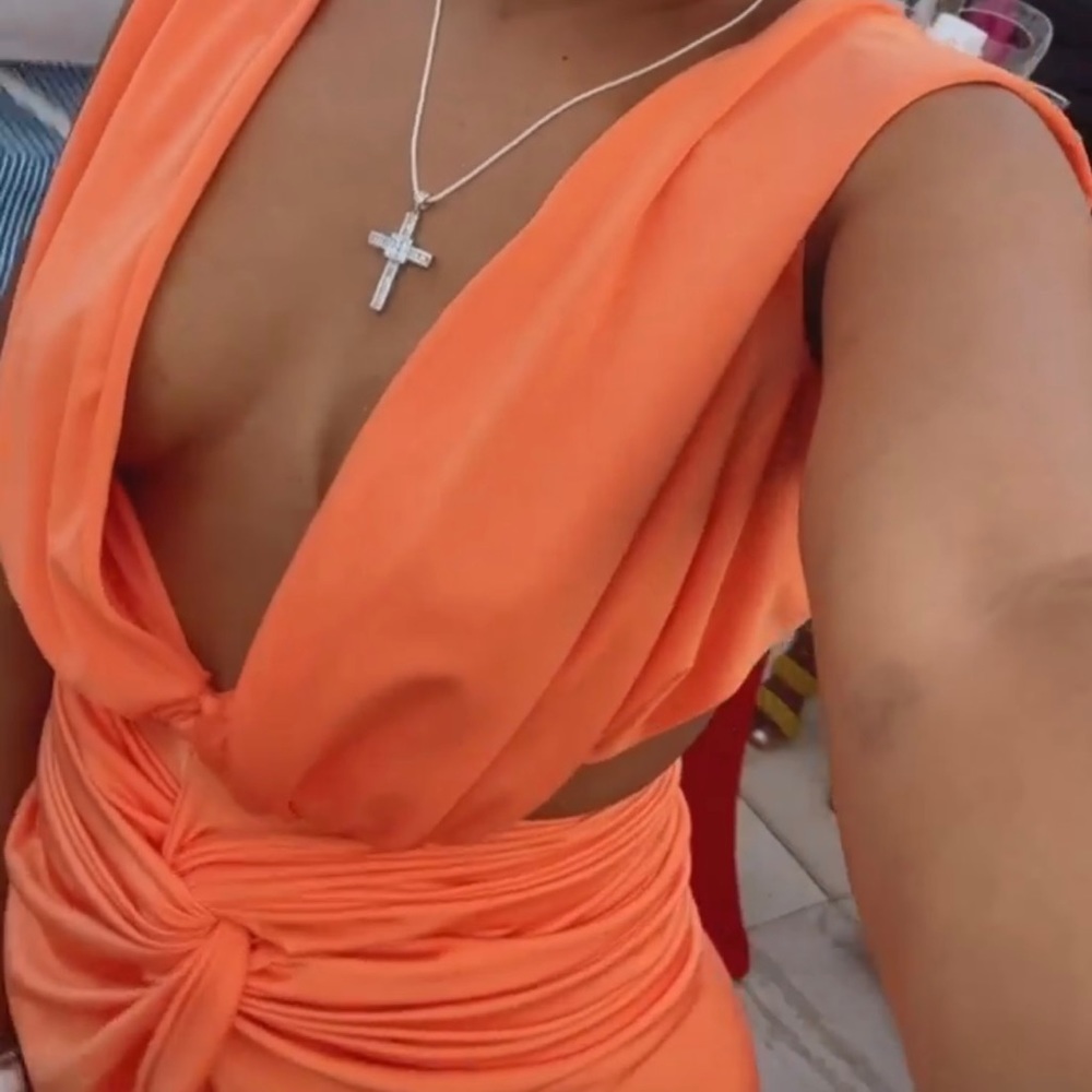 Orange Knot Front Midi Gown w/ Plunging V-Neck , Open Back  And High Slit
